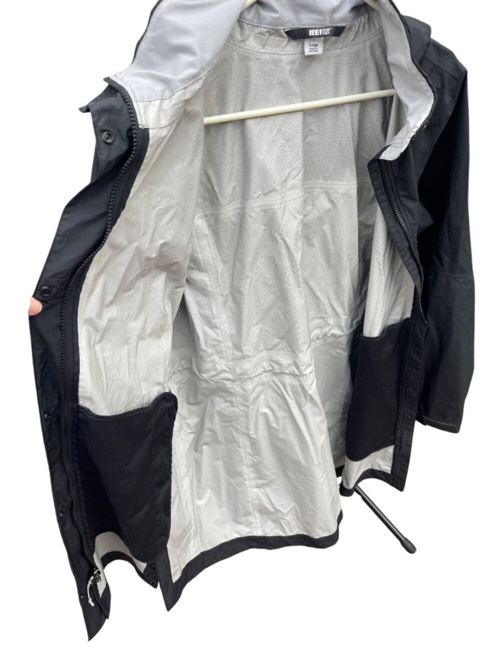 REI Co-Op Black Long Line Hooded Rain Jacket Women's Large Waterproof Gorpcore - Picture 10 of 14